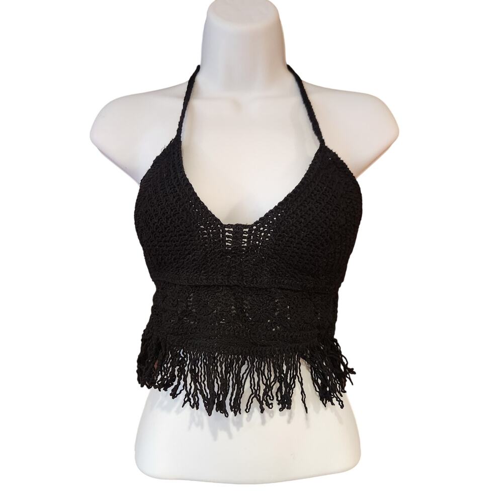 AZ Black Crocheted Triangle Fringed Halter Top With Back Ties Sz S Summer Ready